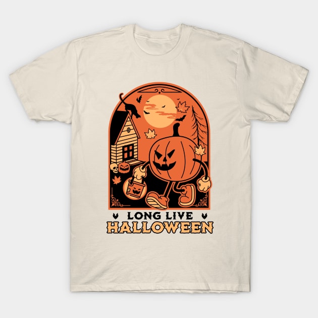 Long Live Halloween - Retro Vintage Halloween Pumpkin Cat T-Shirt by OrangeMonkeyArt